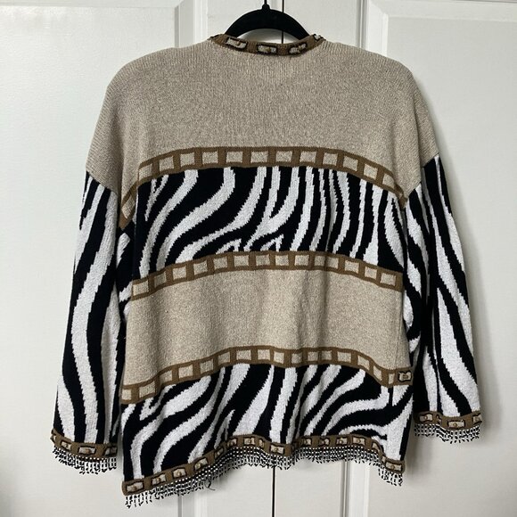 Vintage Design options 3D Zebra Cardigan Womens L Animal Print Beaded Fringe - Picture 7 of 10
